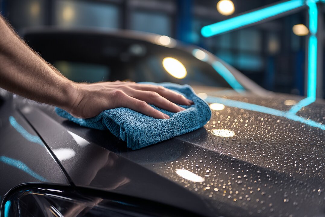 Mână cu microfibră polisând vopseaua auto - cosmetică profesională