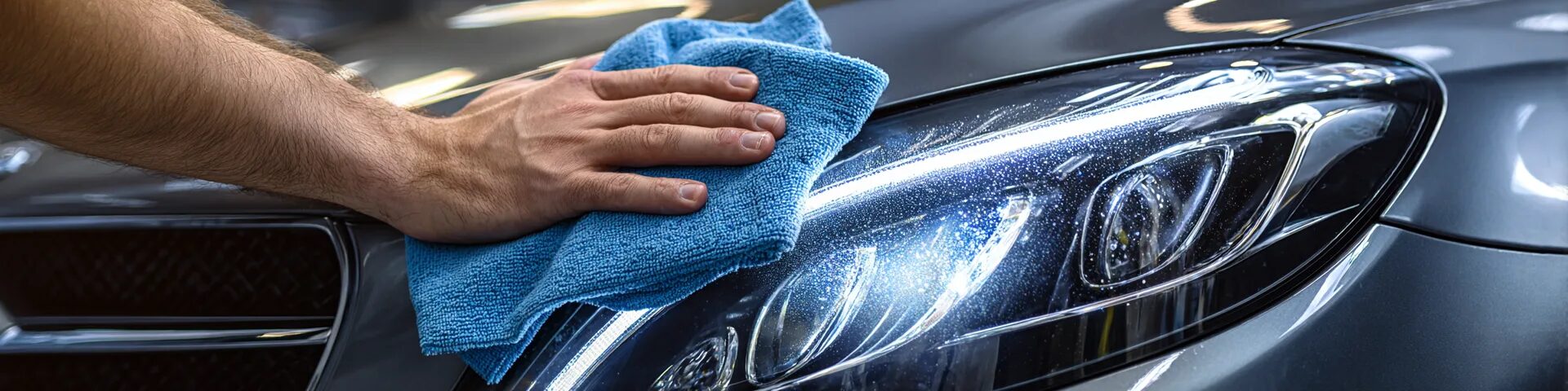 Mână curățând farul mașinii - cosmetică auto profesională