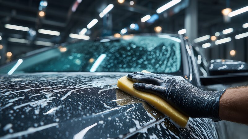 Mână cu mănușă spălând vopseaua auto cu burete și spumă